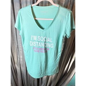 Emme Jordan Womens XL Mint Green Social Distancing Graphic V-Neck T-Shirt